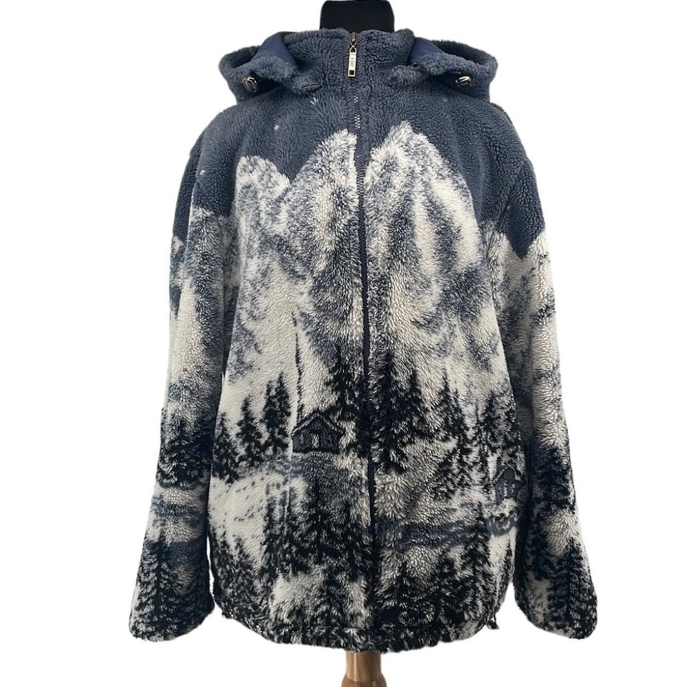 Ego collection zip up hoodie Sherpa warm mountain cottage scene sz lg